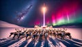 A herd of reindeer stands on top of a snow-covered field, watching a rocket launch against the sky. Generative AI