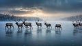 A herd of reindeer walking across a frozen lake under a dramatic sky Royalty Free Stock Photo