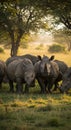 Herd of Rhinos in African Savanna at Sunset Royalty Free Stock Photo