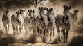 A herd of running stomping zebras walking forward kicking up clouds of sand, made with generative ai