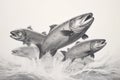 A herd of Salmon fish drawing, Salmon fish pencil drawing vintage. Generative Ai