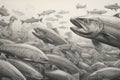 A herd of Salmon fish drawing, Salmon fish pencil drawing vintage. Generative Ai