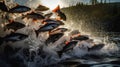 A herd of salmon leaped from the swift river Its silver scales glistened in the sunlight Royalty Free Stock Photo