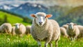 Herd of Sheep Grazing on Lush Green Field. Generative AI Royalty Free Stock Photo