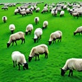 herd of sheep grazing on lush green field next Royalty Free Stock Photo