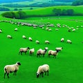 herd of sheep grazing on lush green field next Royalty Free Stock Photo