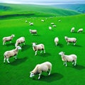 herd of sheep grazing on lush green field next Royalty Free Stock Photo