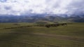 A herd of sheep grazing on a mountain green field Royalty Free Stock Photo