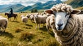 Herd of sheep is standing in field with one sheep looking directly at the camera. Generative AI Royalty Free Stock Photo