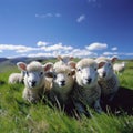 Herd of sheep standing on green field .Generative AI Royalty Free Stock Photo