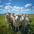 Herd of sheep standing on green field .Generative AI Royalty Free Stock Photo