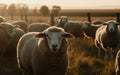 A herd of sheep standing on top of a lush green field. Generative AI Royalty Free Stock Photo