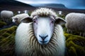 Herd of sheep standing on top of lush green field next to mountain. Generative AI Royalty Free Stock Photo