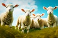 Herd of sheep standing on top of lush green field under blue sky. Generative AI Royalty Free Stock Photo