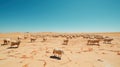 A herd of sheep standing on top of a sandy field. Generative AI image. Royalty Free Stock Photo