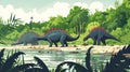 A herd of stegosaurs lazily munching on lush vegetation along the river their spiked tails swishing in contentment