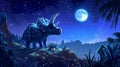 A herd of Triceratops gather in a moonlit clearing peacefully munching on plants as the stars le above