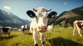 A herd of well-groomed, beautiful, healthy cows graze on a green meadow in the mountains. Modern farm life