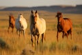 A herd of white and bay horses graze in the autumn steppe near the mountains Royalty Free Stock Photo