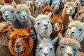 A herd of white and brown colored llamas or alpacas.