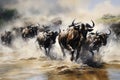 Herd of Wild Animals Running Through River Painting, Wildebeests crossing Mara River, Great Migration, Kenya, Tanzania, Maasai