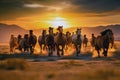 Herd of wild horses galloping at sunset. Royalty Free Stock Photo