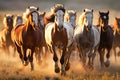 A herd of wild horses running between vast pastures.