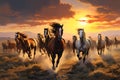 A herd of wild horses runs across the vast plains.