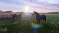 A herd of young horses graze on a picturesque green meadow on a beautiful summer morning. 3D Rendering Royalty Free Stock Photo