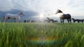 A herd of young horses graze on a picturesque green meadow on a beautiful summer morning. 3D Rendering Royalty Free Stock Photo
