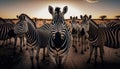 A herd of zebras gazing upon the camera in the evening, generative AI