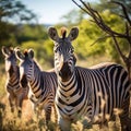 Herd of Zebras grazing in the bush. Wildlife Safari in the Kruger National Park major travel destination in South Africa Royalty Free Stock Photo