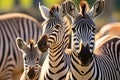 Herd of zebras mother and foal with family in grassland savanna, close up shot, beautiful wildlife animal background. Generative