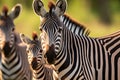 Herd of zebras mother and foal with family in grassland savanna, close up shot, beautiful wildlife animal background. Generative