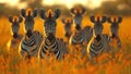 A Herd of Zebras Moving Together in a Grassy Field extreme closeup. Generative AI Royalty Free Stock Photo