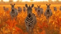 A Herd of Zebras Moving Together in a Grassy Field extreme closeup. Generative AI Royalty Free Stock Photo