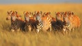 A Herd of Zebras Moving Together in a Grassy Field extreme closeup. Generative AI Royalty Free Stock Photo