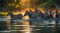 A Dazzling Zebra Crossing: A Group of Zebras Splashing Through Shallow Water at Sunset Royalty Free Stock Photo