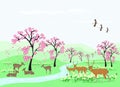 Herds of deer are resting under the cherry trees in the green meadows with long streams.