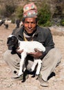 Herdsman with sheep with typical nepali hat on head