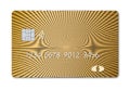 Here is a blank credit or debit card with room for your text. It is colorful with a geometric design and is isolated on a white ba