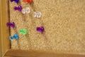 Here is a close up of multi colored color colorful push pins thumb tacks.