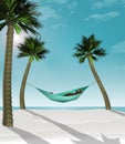 Here is a 3-D render illustration of a man lying in a hammock strung between two small palm trees on a tropical beach with white