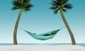 Here is a 3-D render illustration of a man lying in a hammock strung between two small palm trees on a tropical beach with white