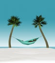 Here is a 3-D render illustration of a man lying in a hammock strung between two small palm trees on a tropical beach with white