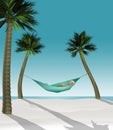 Here is a 3-D render illustration of a man lying in a hammock strung between two small palm trees on a tropical beach with white