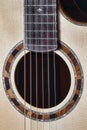 Intricate and ornate sound hole of acoustic guitar of Brazilian rosewood, abalone and Engleman Spruce Royalty Free Stock Photo