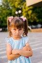 Here is a little girl standing in a public park. The child is offended and upset Royalty Free Stock Photo