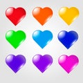 Set of various colorful hearts with sparkles