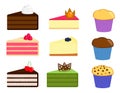 Set of various pieces of cakes and muffines